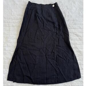 David Dart Collection Black 100% Linen Midi Skirt Button Elastic Waist M